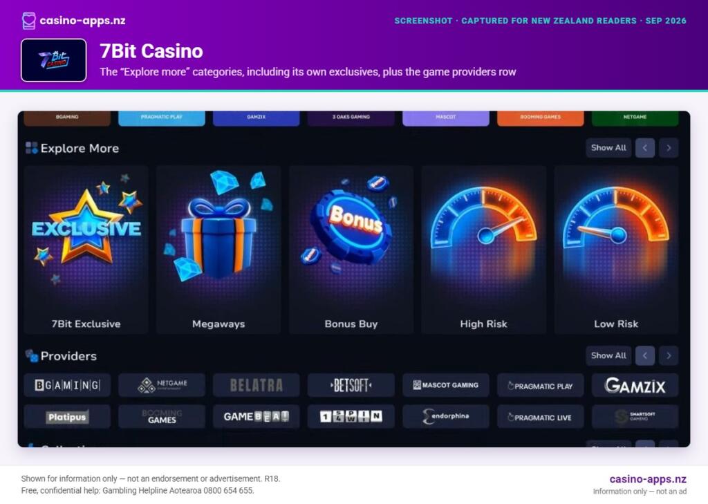 7Bit Casino home page section showing what the casino offers, captured for New Zealand players (September 2026)