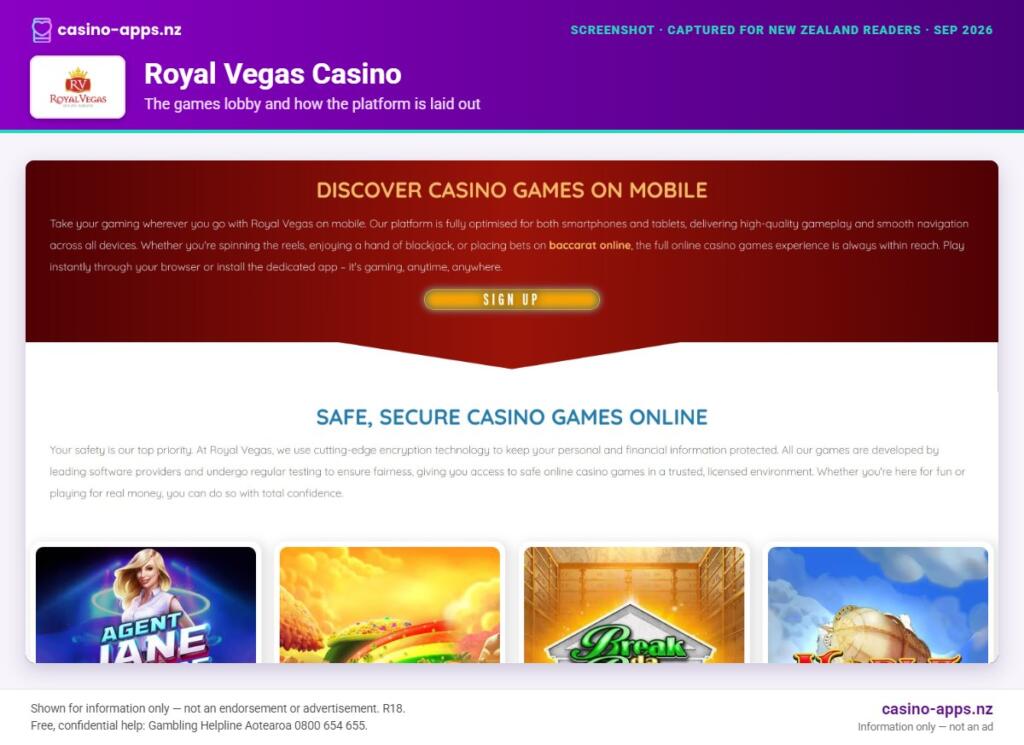 Royal Vegas Casino games lobby and platform layout as seen by New Zealand players (September 2026)