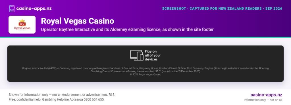 Royal Vegas Casino licence and operator details shown on its website, reviewed for New Zealand players (September 2026)