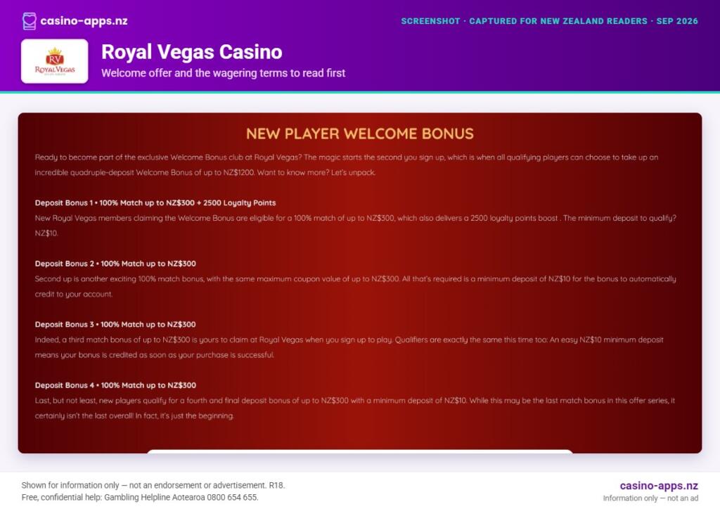 Royal Vegas Casino welcome bonus and wagering terms, explained for New Zealand players (September 2026)