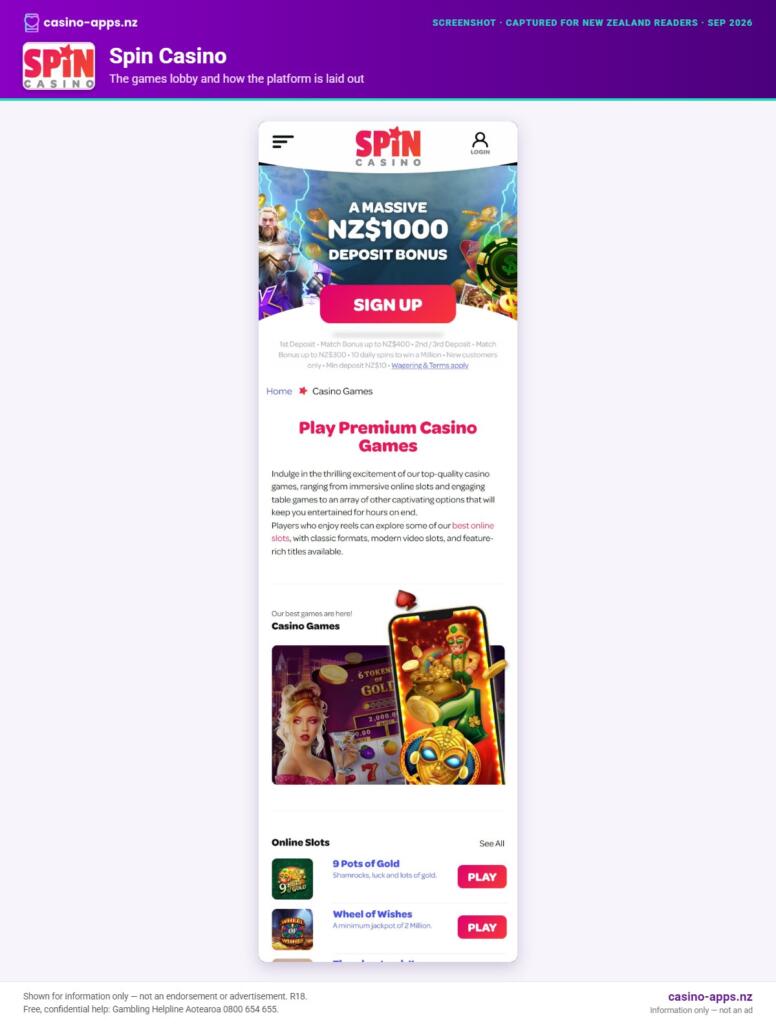 Spin Casino games lobby and platform layout as seen by New Zealand players (September 2026)