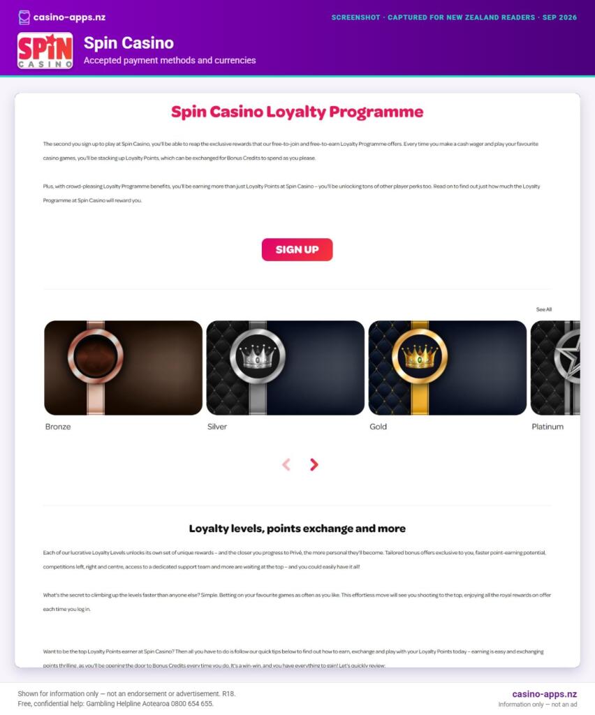Spin Casino payment methods and currency options for New Zealand players (September 2026)
