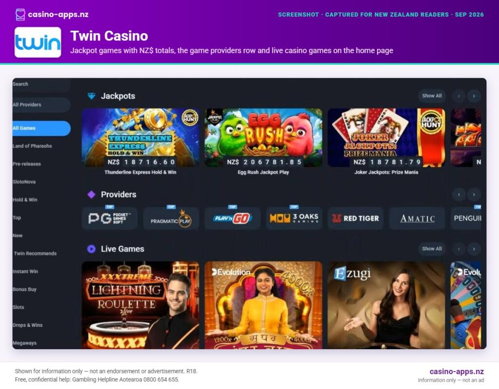 Twin Casino home page section showing what the casino offers, captured for New Zealand players (September 2026)