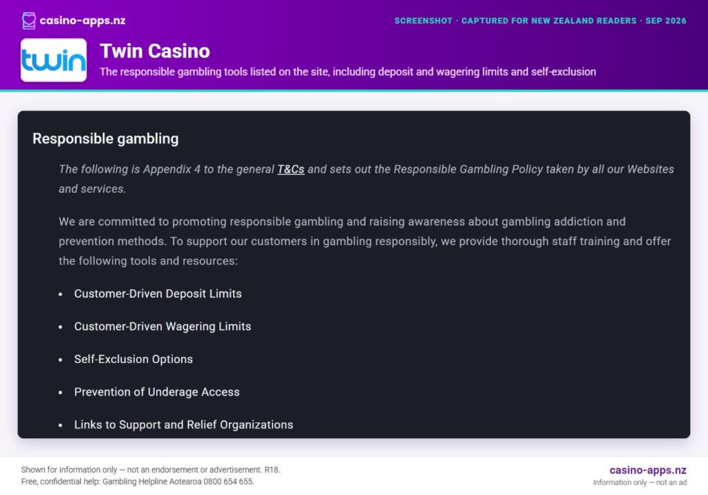 Twin Casino responsible gambling tools and support information, reviewed for New Zealand players (September 2026)
