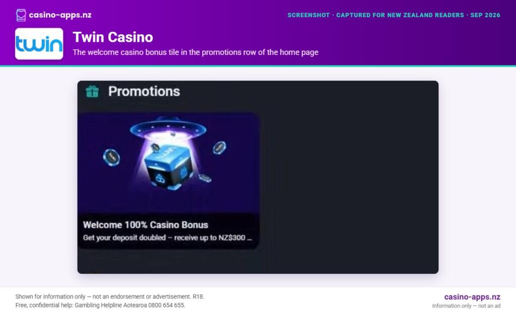 Twin Casino promotion shown on its home page, captured for New Zealand players (September 2026)