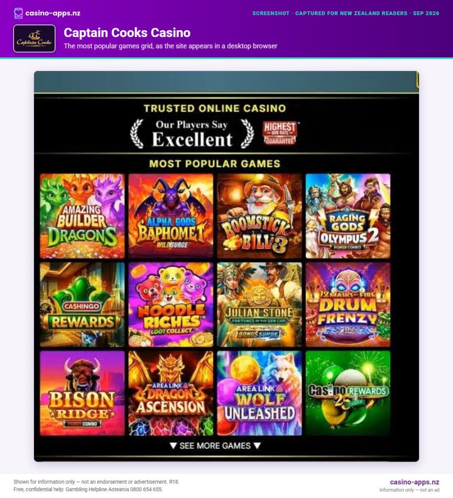 Captain Cooks Casino games lobby as it appears in a desktop browser, captured for New Zealand players (September 2026)
