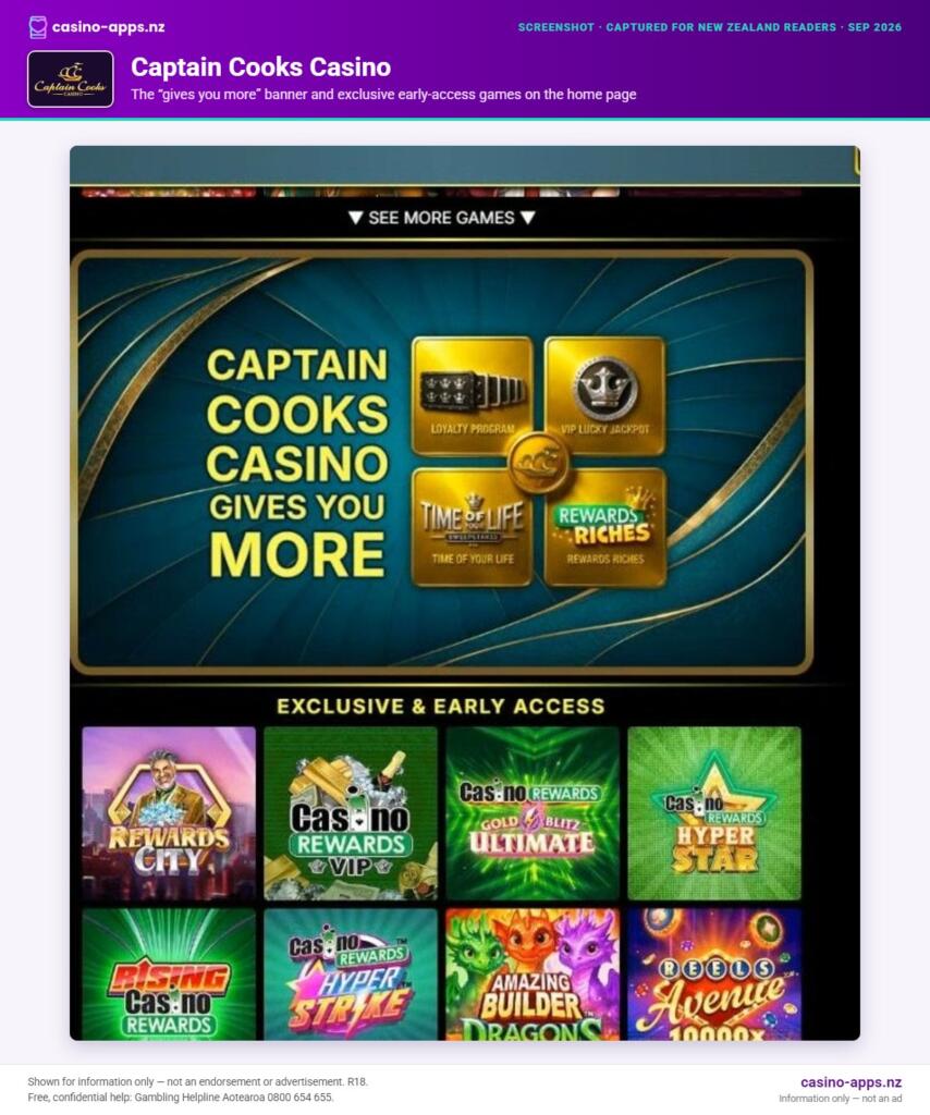 Captain Cooks Casino home page section showing what the casino offers, captured for New Zealand players (September 2026)