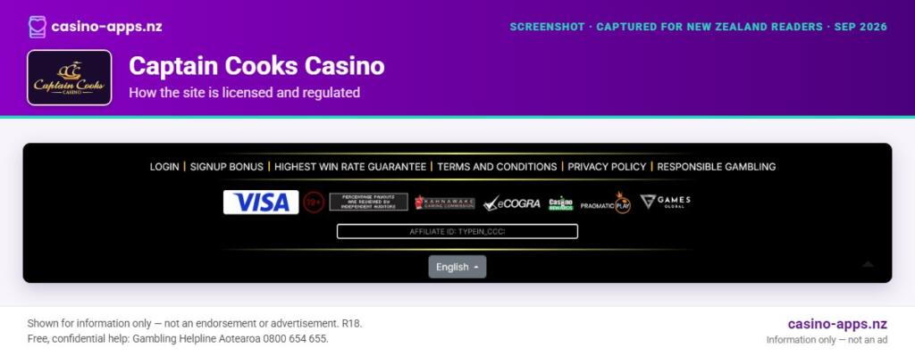 Captain Cooks Casino licensing and regulatory details, reviewed for New Zealand players (September 2026)