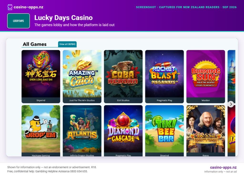 Lucky Days Casino games lobby and platform layout as seen by New Zealand players (September 2026)