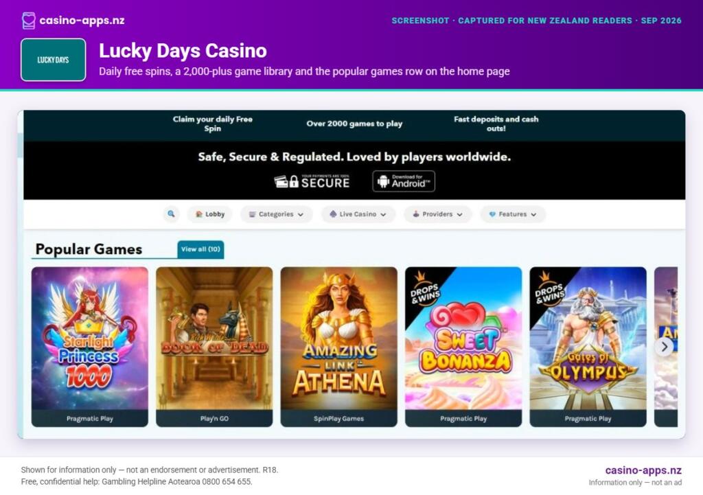 Lucky Days Casino home page section showing what the casino offers, captured for New Zealand players (September 2026)