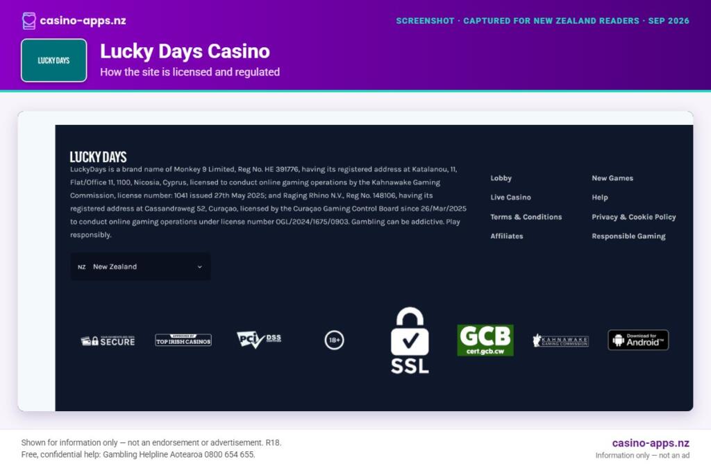 Lucky Days Casino licensing and regulatory details, reviewed for New Zealand players (September 2026)