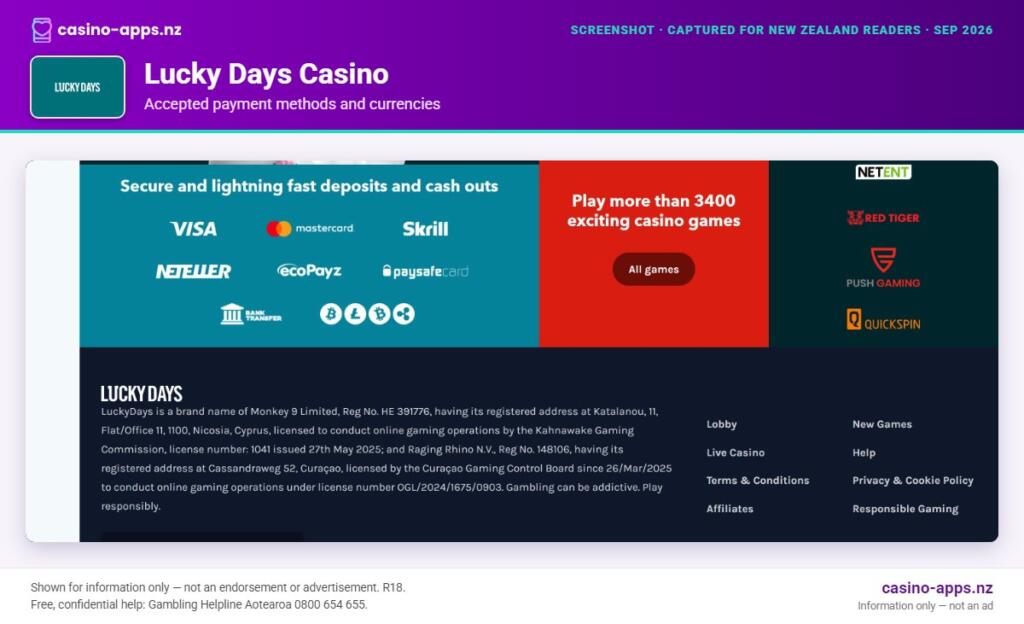 Lucky Days Casino payment methods and currency options for New Zealand players (September 2026)
