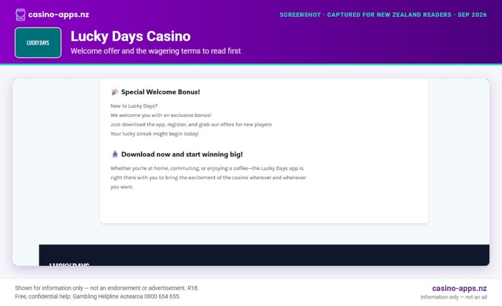 Lucky Days Casino welcome bonus and wagering terms, explained for New Zealand players (September 2026)