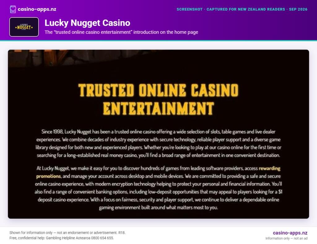 Lucky Nugget Casino home page section showing what the casino offers, captured for New Zealand players (September 2026)