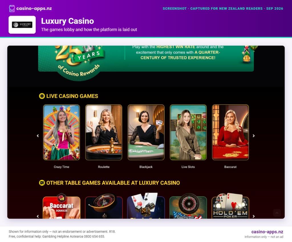 Luxury Casino games lobby and platform layout as seen by New Zealand players (September 2026)