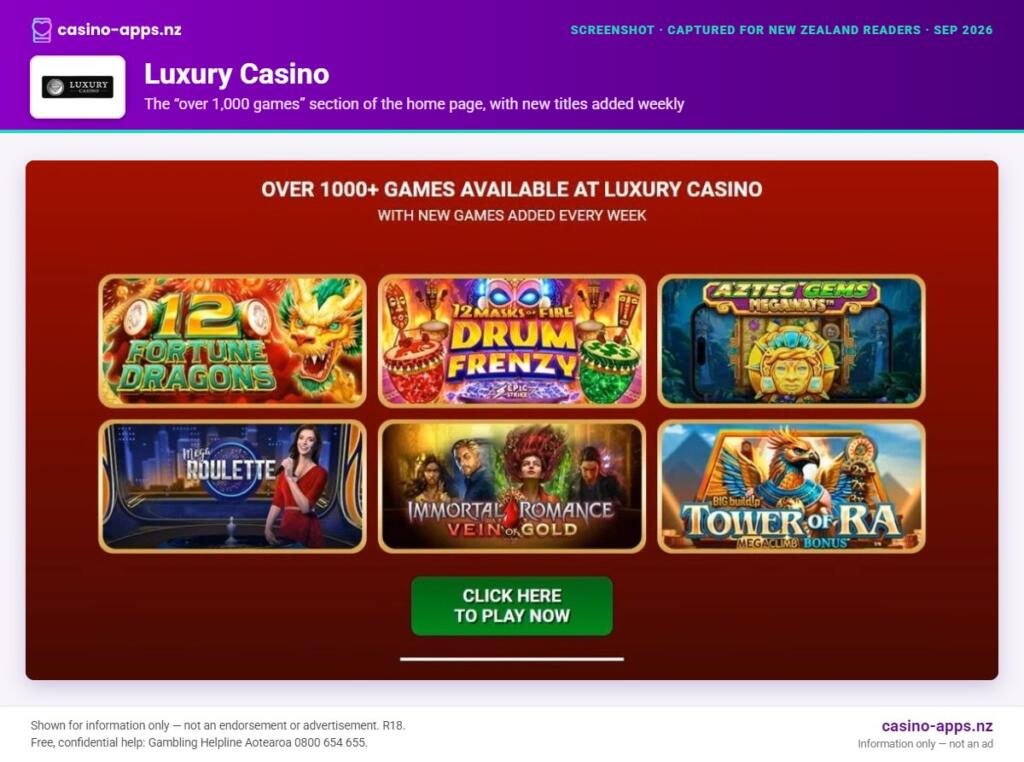 Luxury Casino home page section showing what the casino offers, captured for New Zealand players (September 2026)