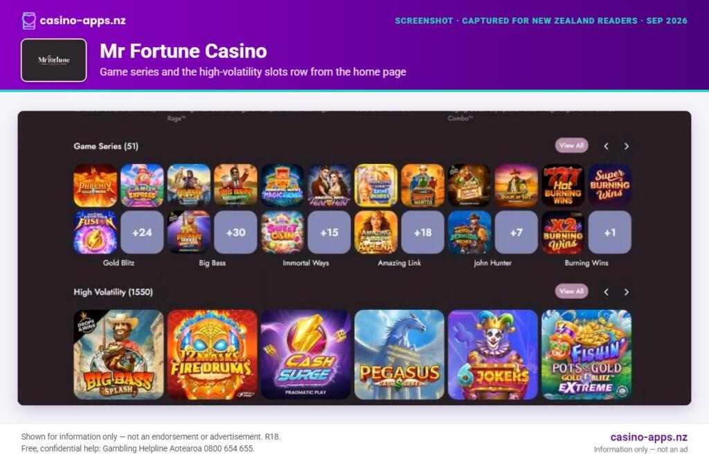 Mr Fortune Casino home page section showing what the casino offers, captured for New Zealand players (September 2026)