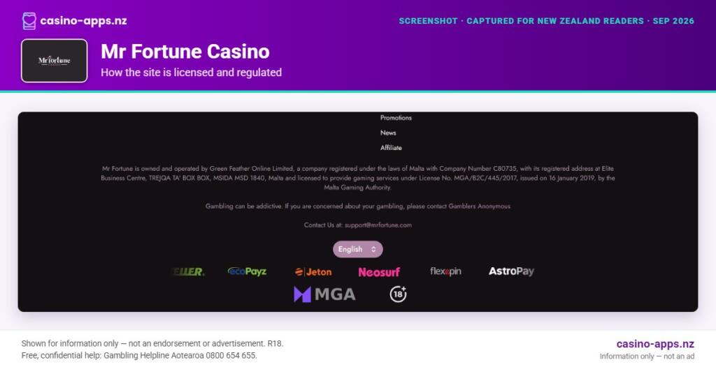 Mr Fortune Casino licensing and regulatory details, reviewed for New Zealand players (September 2026)