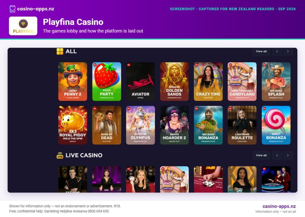 Playfina Casino games lobby and platform layout as seen by New Zealand players (September 2026)
