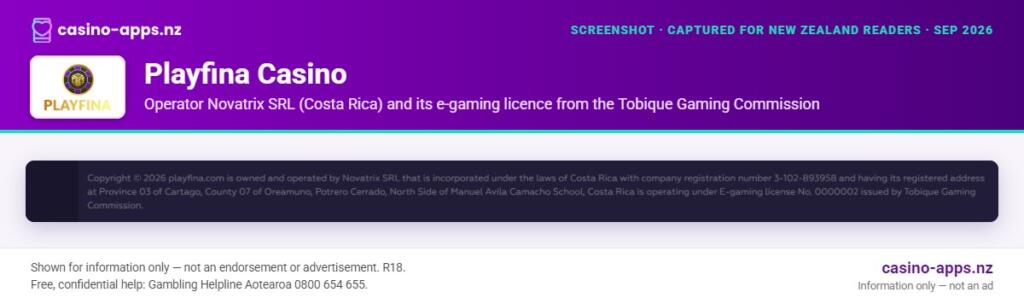 Playfina Casino licence and operator details shown on its website, reviewed for New Zealand players (September 2026)