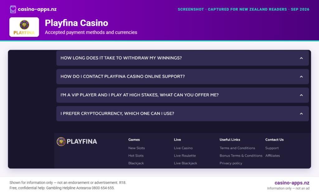 Playfina Casino payment methods and currency options for New Zealand players (September 2026)