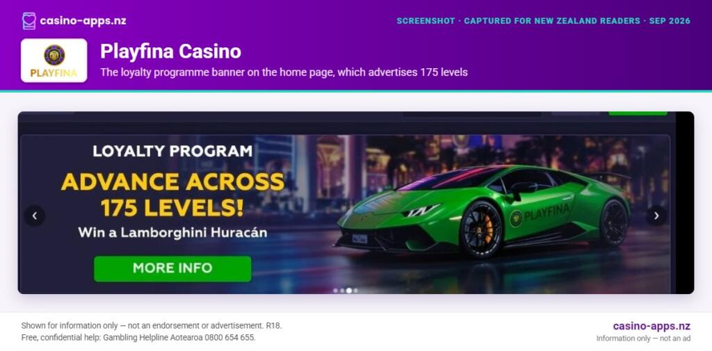 Playfina Casino promotion shown on its home page, captured for New Zealand players (September 2026)