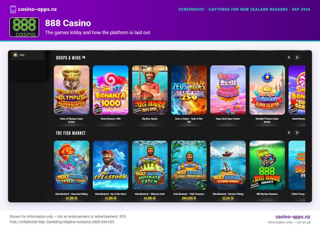 888 Casino games lobby and platform layout as seen by New Zealand players (September 2026)