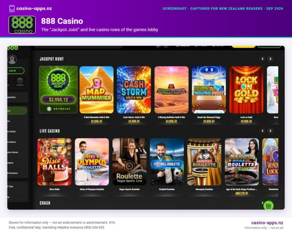 888 Casino home page section showing what the casino offers, captured for New Zealand players (September 2026)