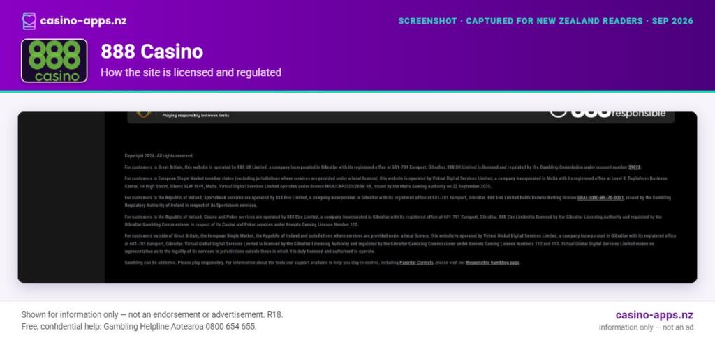 888 Casino licensing and regulatory details, reviewed for New Zealand players (September 2026)
