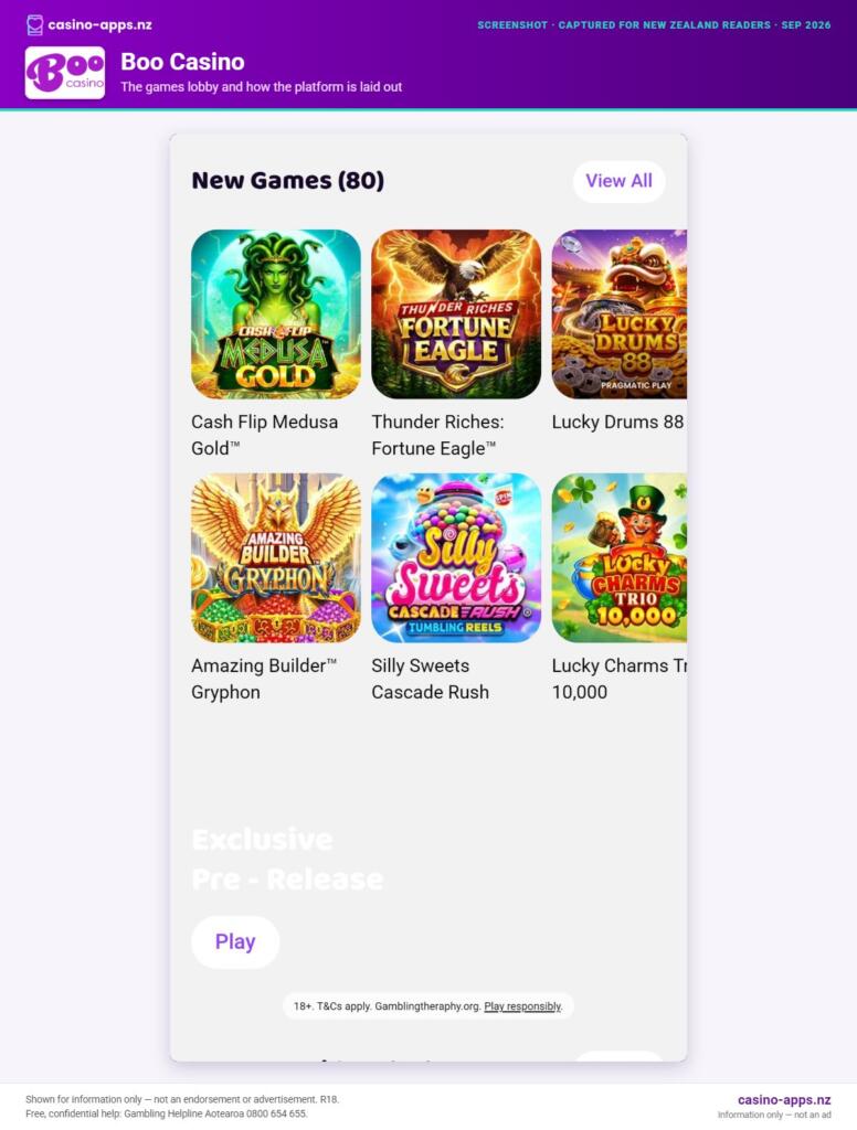 Boo Casino games lobby and platform layout as seen by New Zealand players (September 2026)