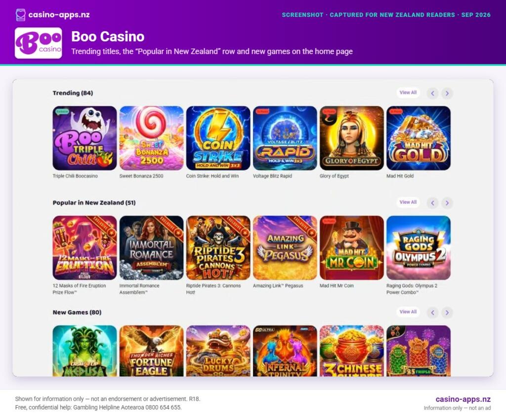 Boo Casino home page section showing what the casino offers, captured for New Zealand players (September 2026)