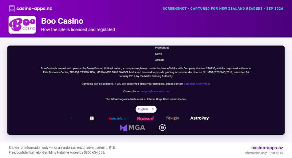 Boo Casino licensing and regulatory details, reviewed for New Zealand players (September 2026)