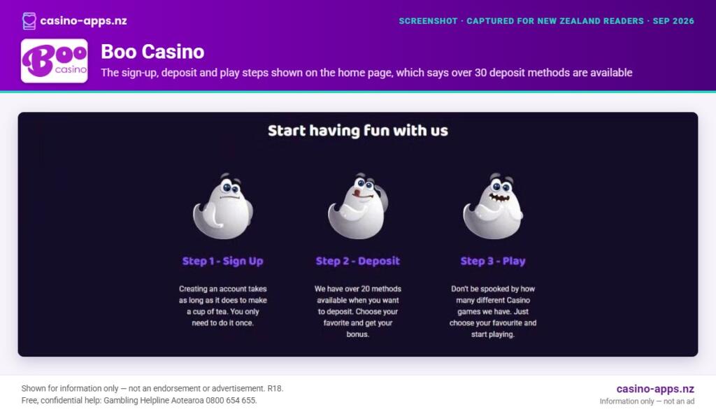 Boo Casino payment options shown on its website, captured for New Zealand players (September 2026)