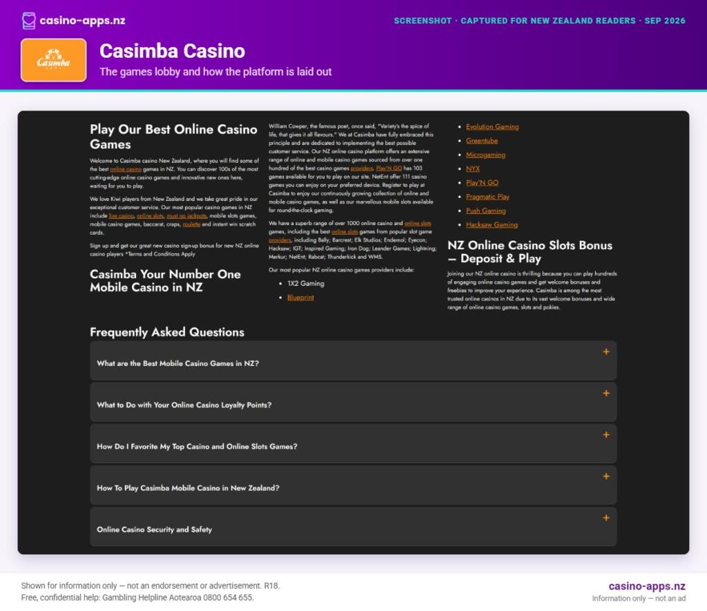Casimba Casino games lobby and platform layout as seen by New Zealand players (September 2026)