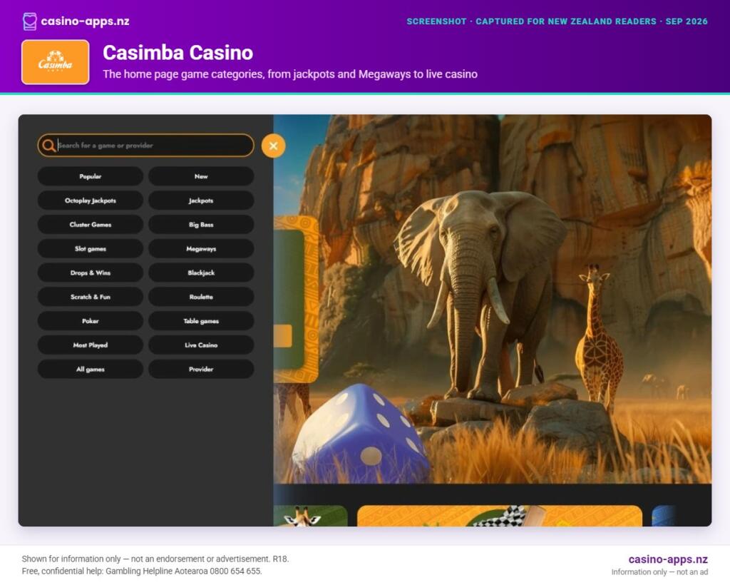 Casimba Casino home page section showing what the casino offers, captured for New Zealand players (September 2026)