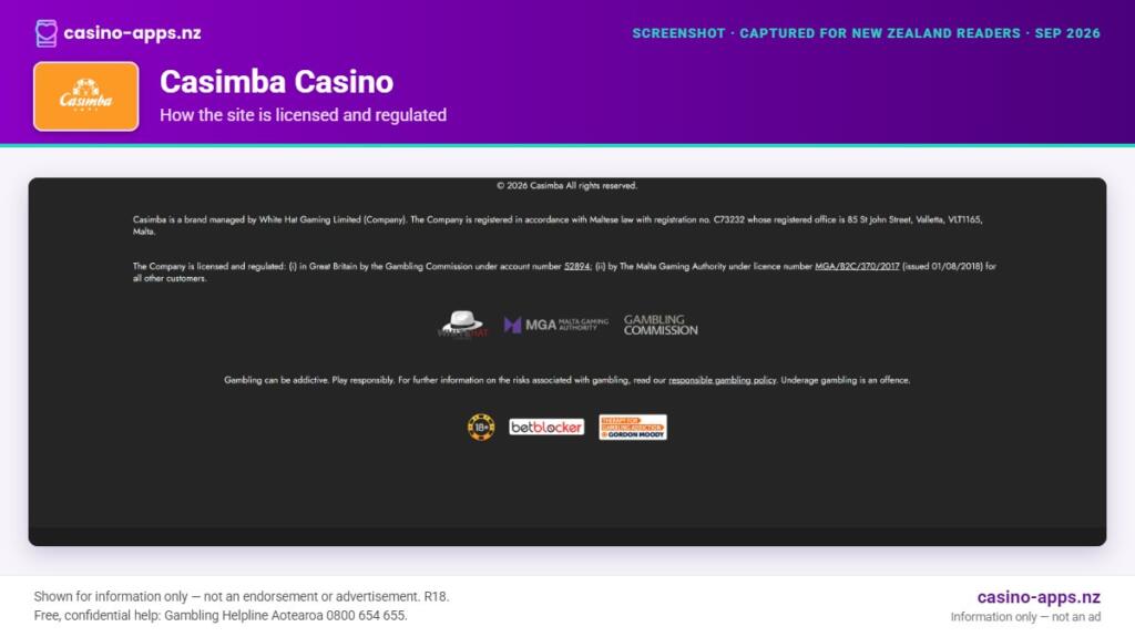 Casimba Casino licensing and regulatory details, reviewed for New Zealand players (September 2026)