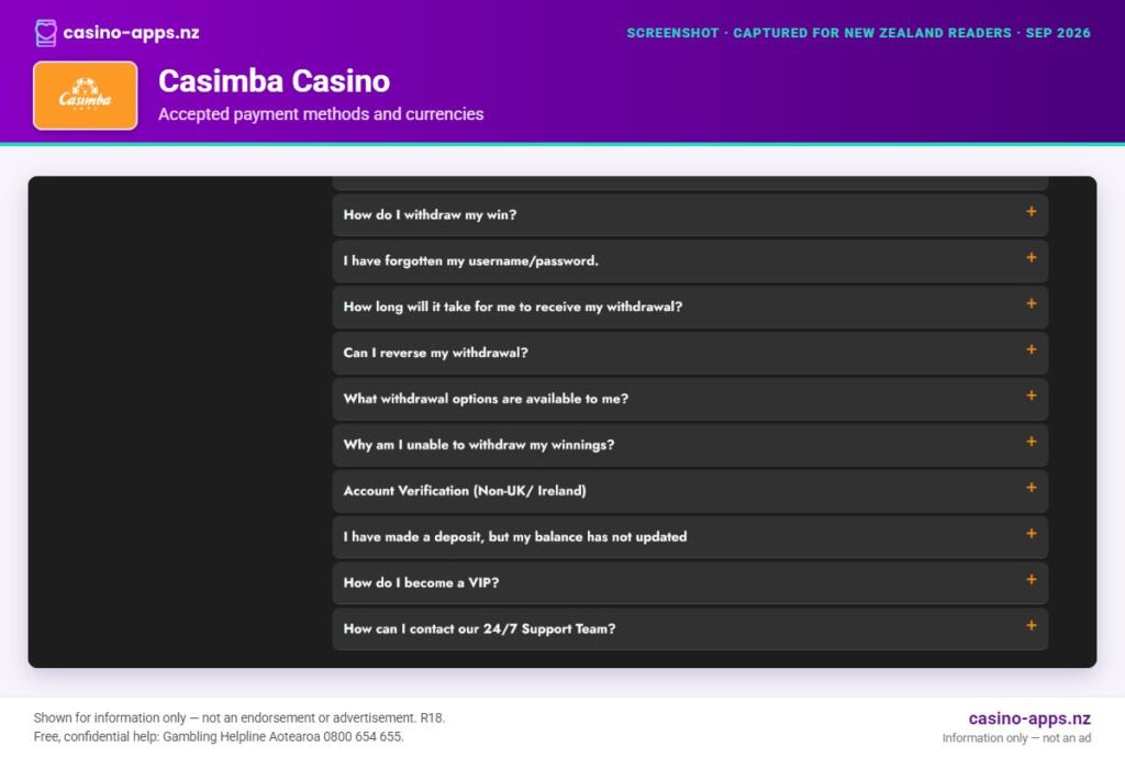 Casimba Casino payment methods and currency options for New Zealand players (September 2026)