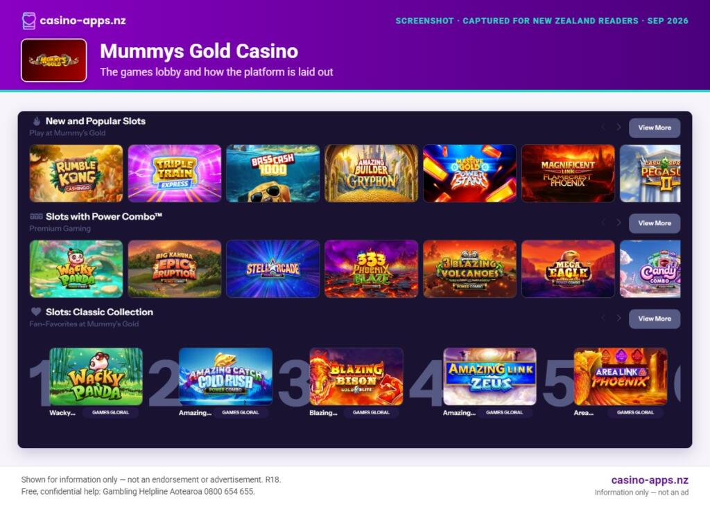 Mummys Gold Casino games lobby and platform layout as seen by New Zealand players (September 2026)