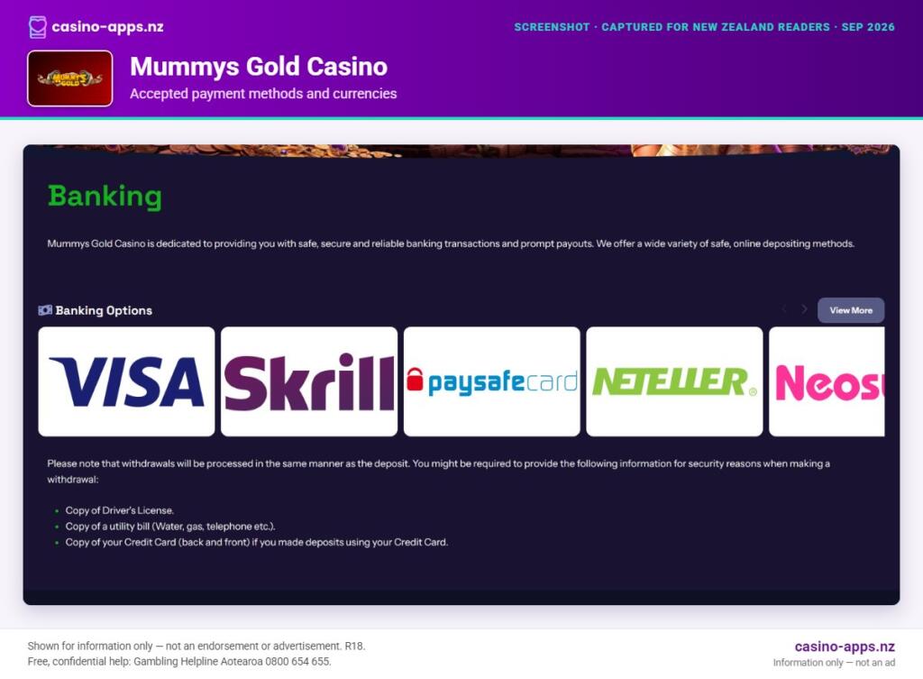 Mummys Gold Casino payment methods and currency options for New Zealand players (September 2026)