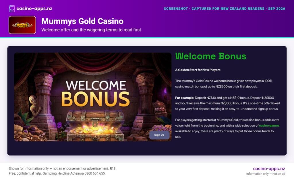 Mummys Gold Casino welcome bonus and wagering terms, explained for New Zealand players (September 2026)
