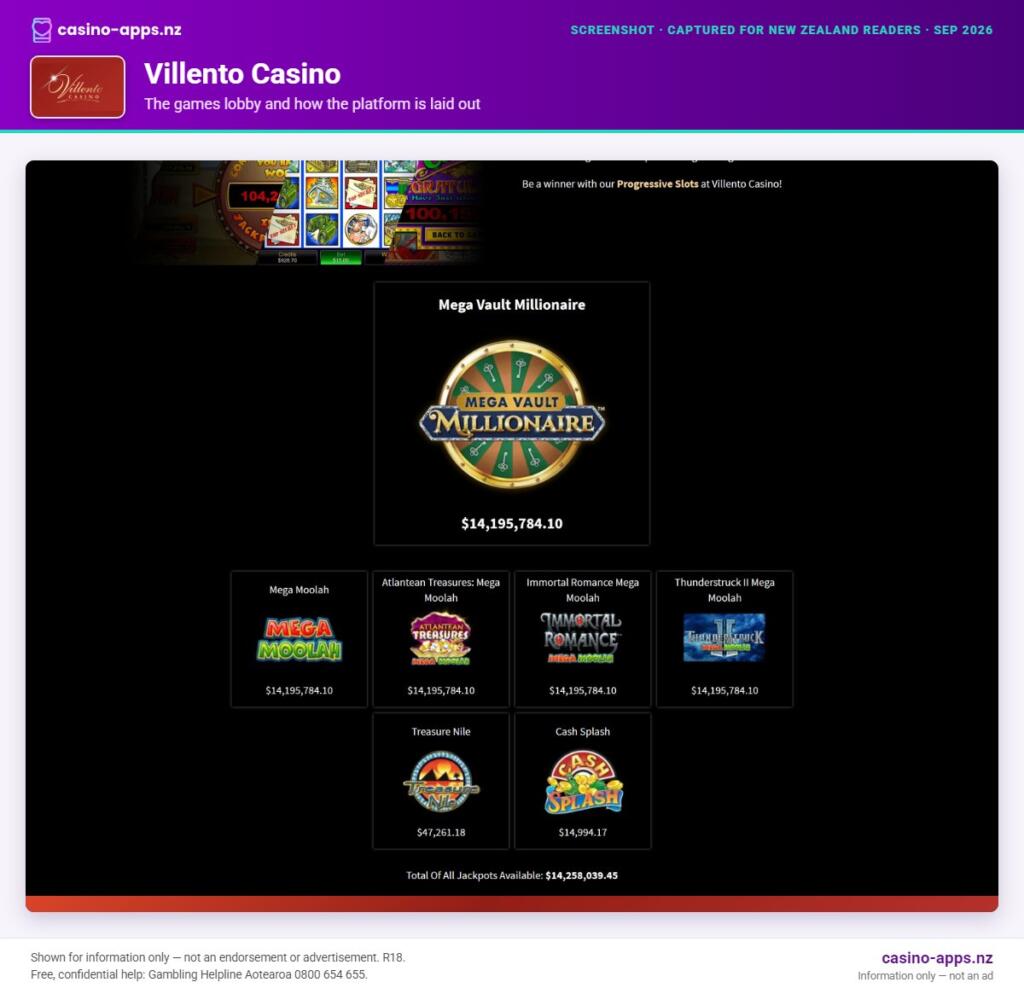 Villento Casino games lobby and platform layout as seen by New Zealand players (September 2026)