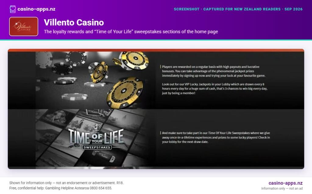 Villento Casino home page section showing what the casino offers, captured for New Zealand players (September 2026)
