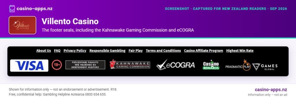 Villento Casino licence and operator details shown on its website, reviewed for New Zealand players (September 2026)