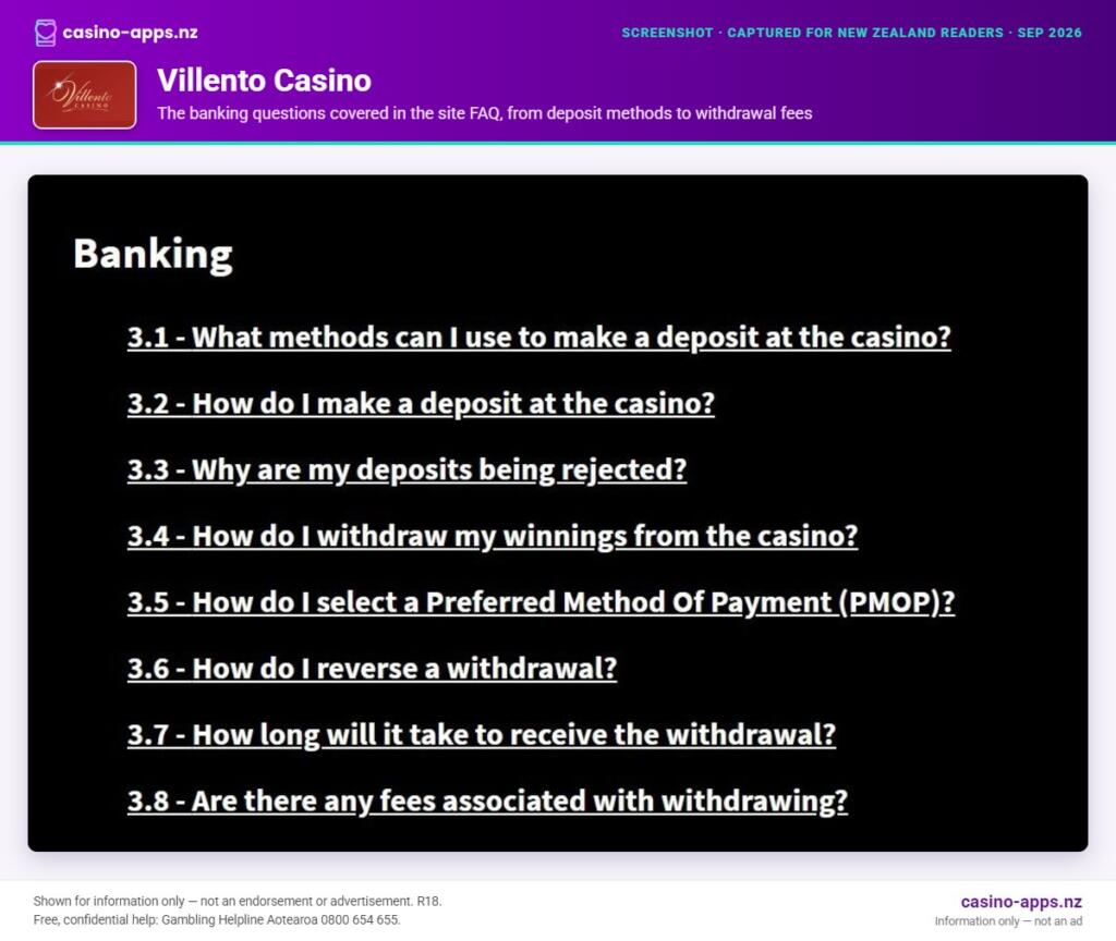 Villento Casino payment and withdrawal information, reviewed for New Zealand players (September 2026)