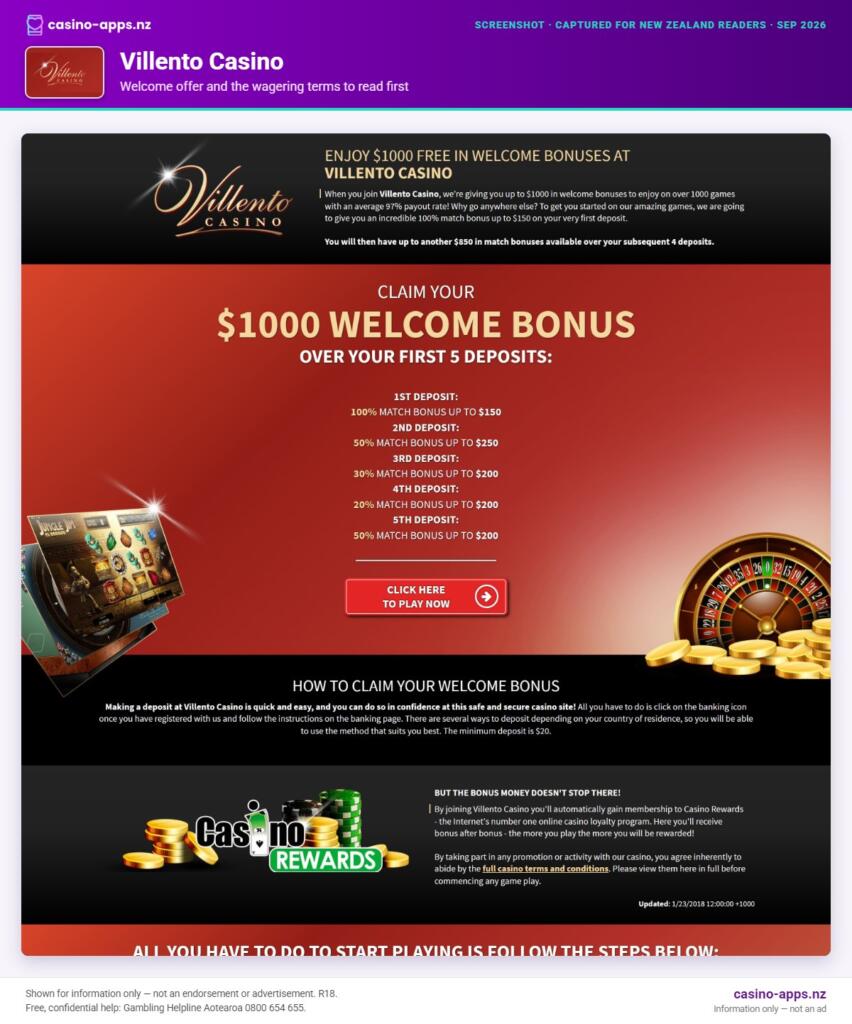 Villento Casino welcome bonus and wagering terms, explained for New Zealand players (September 2026)