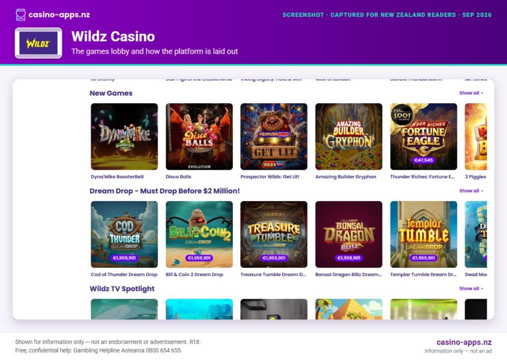 Wildz Casino games lobby and platform layout as seen by New Zealand players (September 2026)