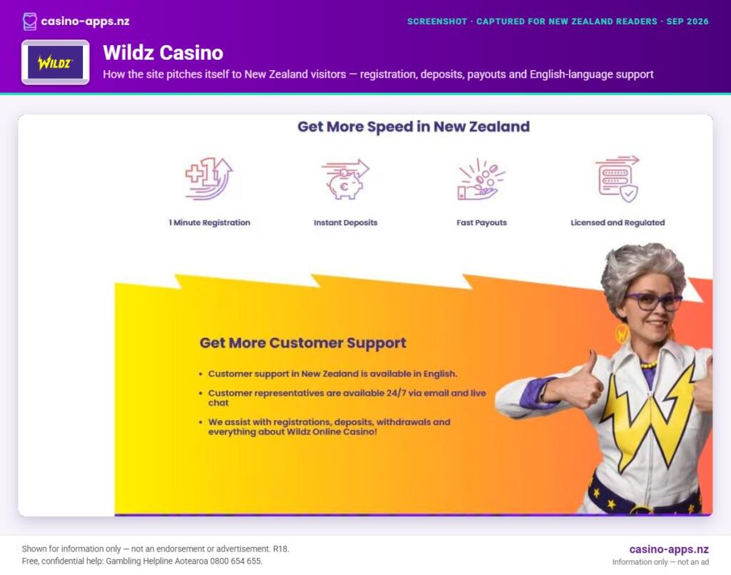 Wildz Casino home page section showing what the casino offers, captured for New Zealand players (September 2026)