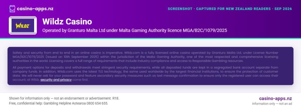 Wildz Casino licence and operator details shown on its website, reviewed for New Zealand players (September 2026)