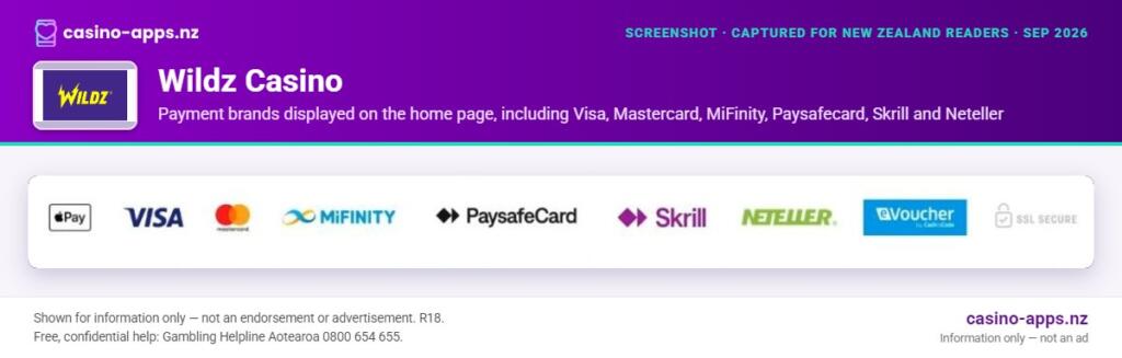 Wildz Casino payment options shown on its website, captured for New Zealand players (September 2026)