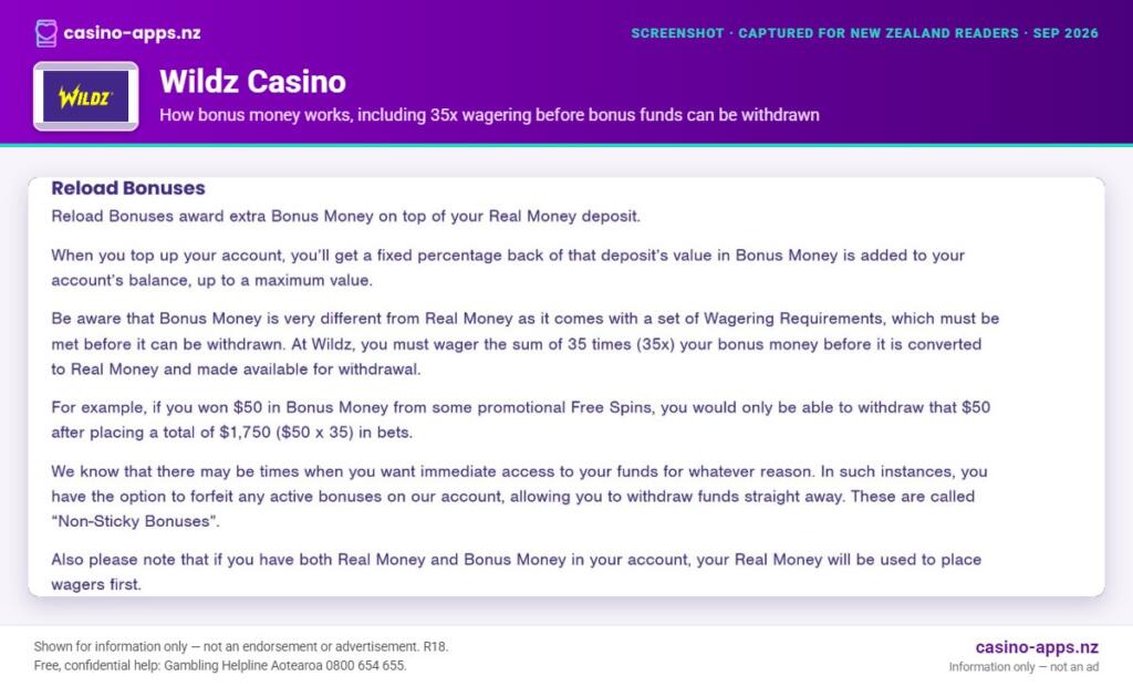 Wildz Casino bonus and wagering terms, reviewed for New Zealand players (September 2026)